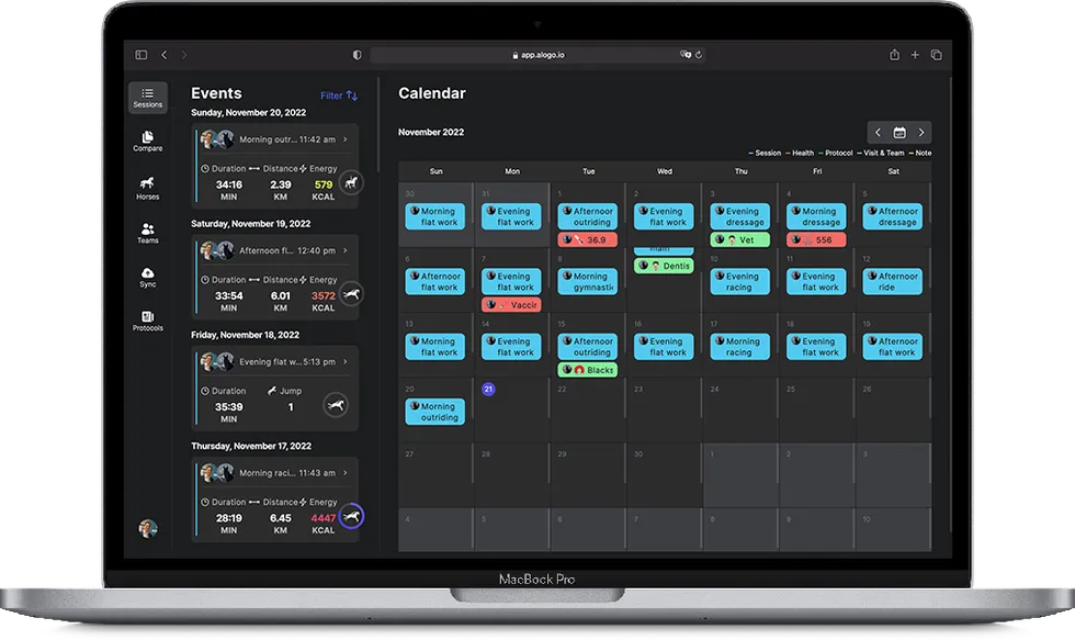 Alogo WebApp events calendar — sessions, health events, shoeing, vet visits and notes on a monthly view
