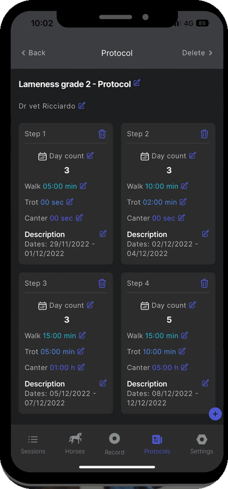 Rehabilitation protocol in the Alogo app — step-by-step walk, trot and canter durations set by the vet