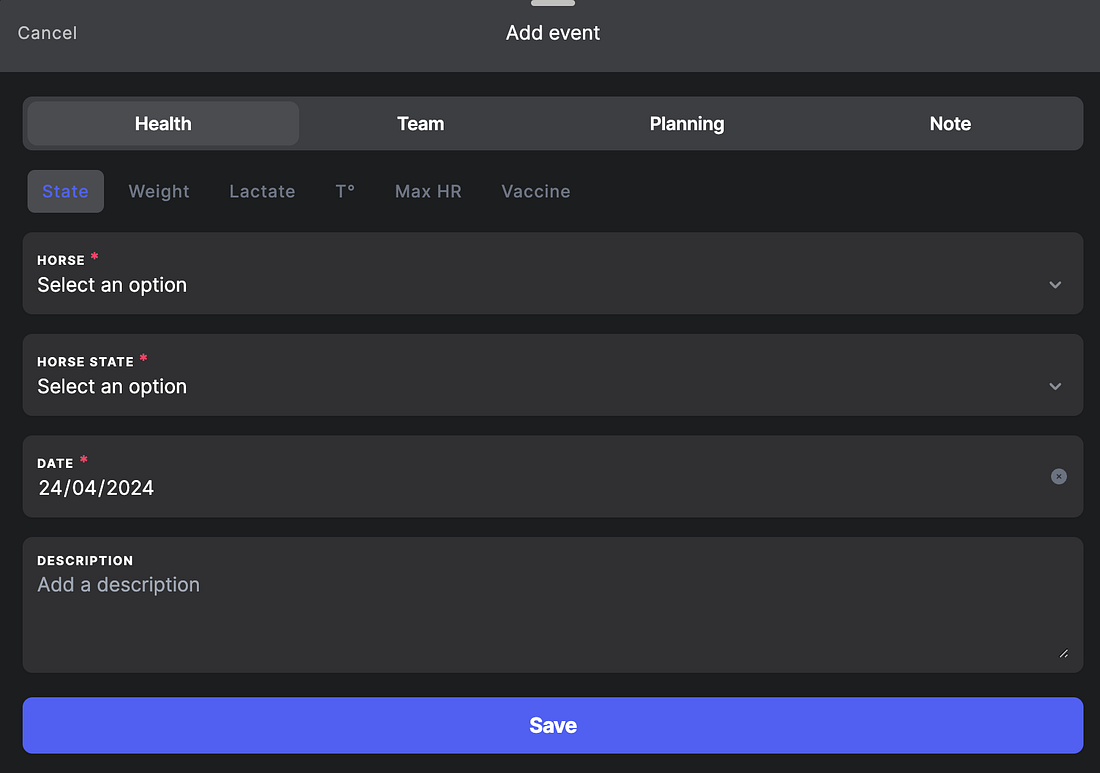 Choosing the event type and sub-menu
