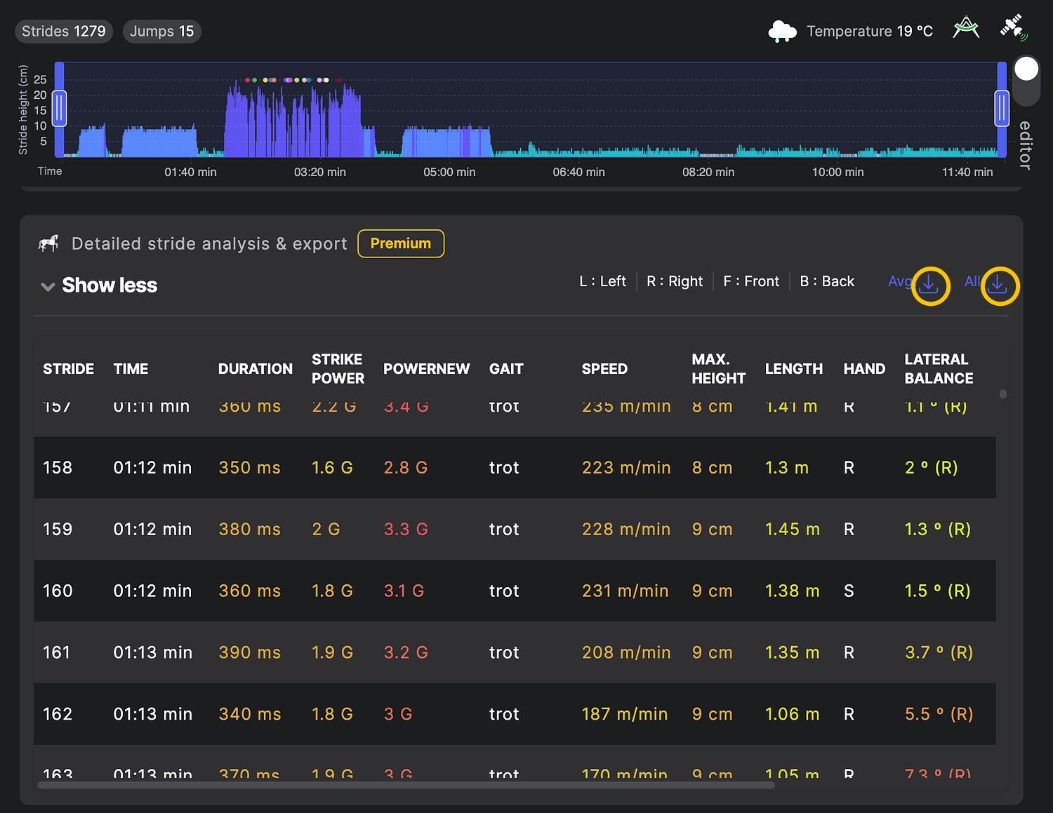 Detailed stride analysis and export: stride-by-stride table with Avg and All download options