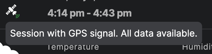 Tooltip on the satellite icon: session with GPS signal, all data available