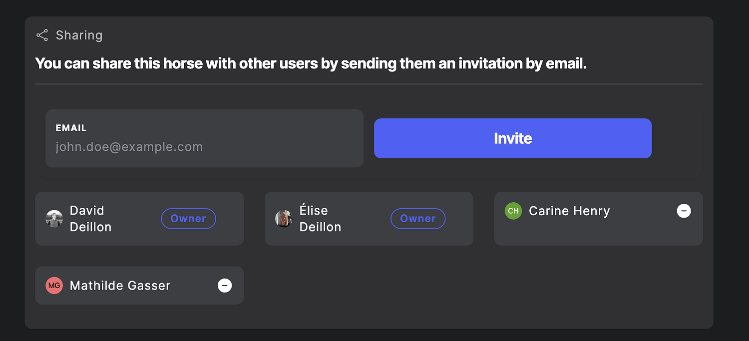 Sharing block of a horse: invite by email with the Invite button, and the list of users who have access with Owner badges