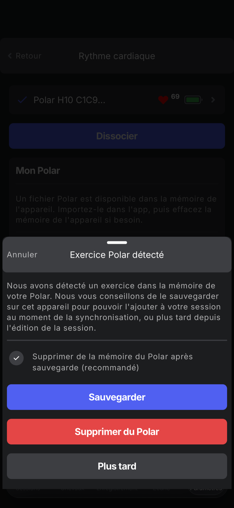 Polar exercise detected modal: an exercise found in the Polar memory, with Save, Delete from Polar and Later options