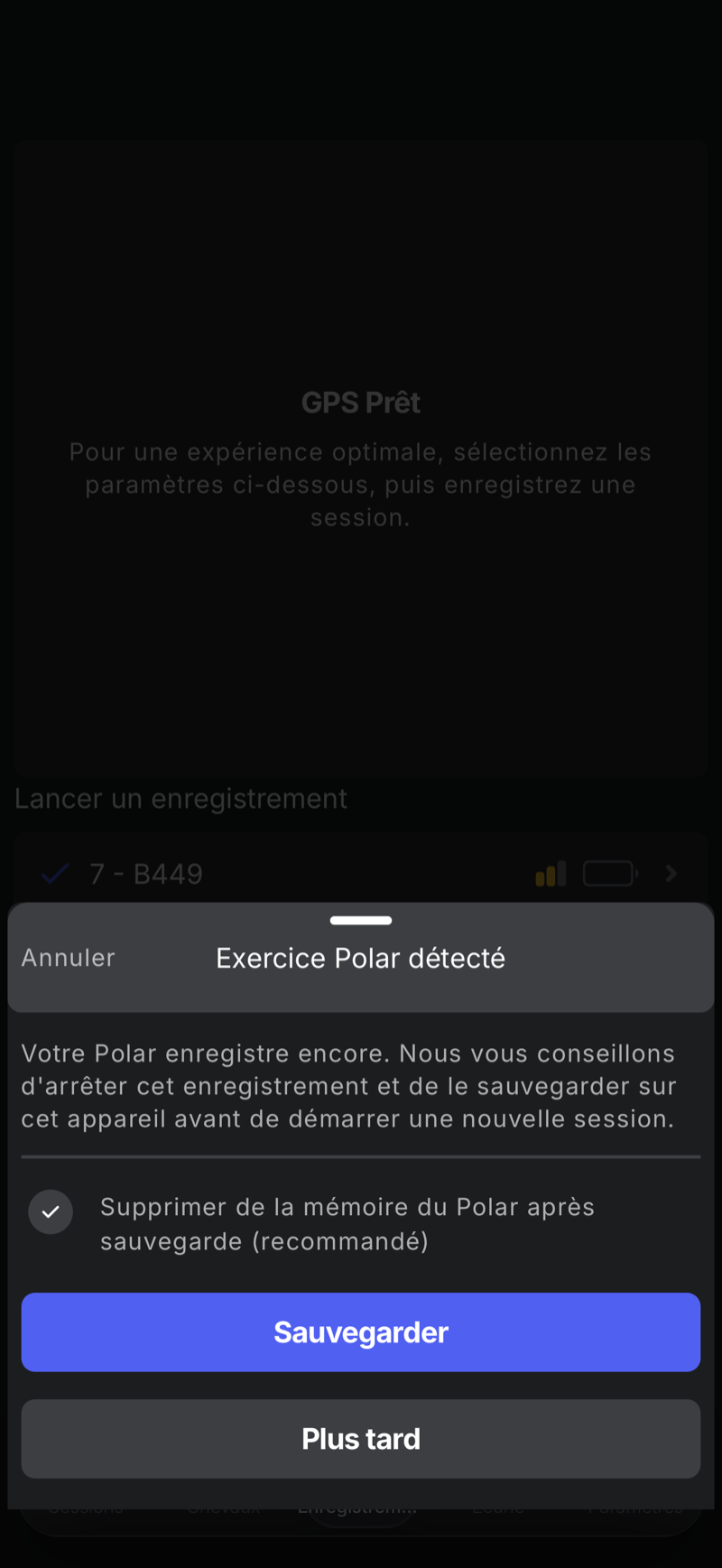 Polar exercise detected modal: the Polar is still recording — stop and save it before starting a new session