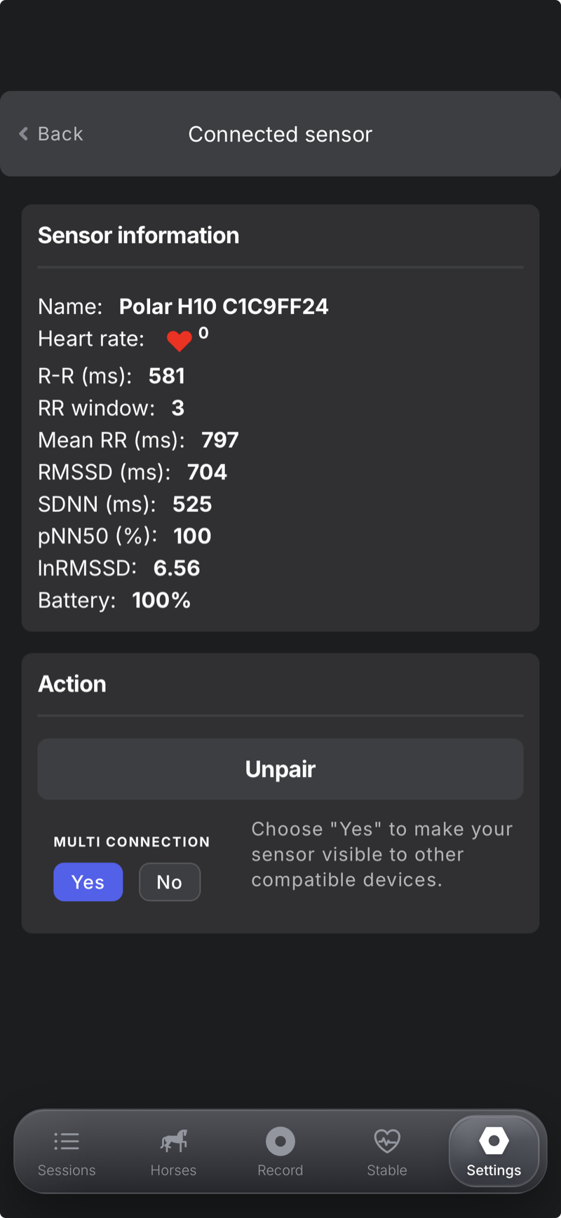 Connected sensor screen: Polar H10 with heart rate, R-R intervals, HRV metrics and battery, plus the Unpair and multi-connection options