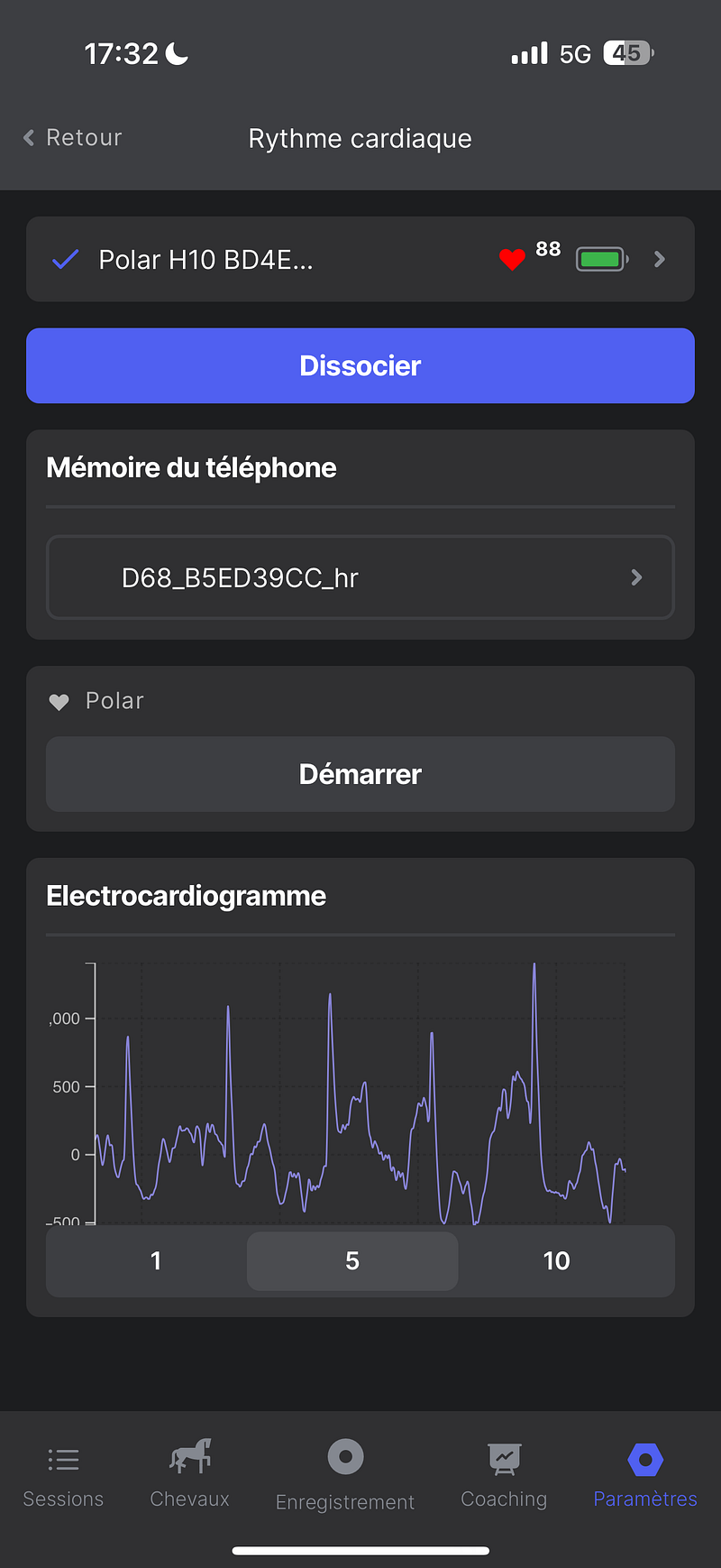 Heart rate screen: the live ECG of the Polar, with the Start button to manually start or stop a recording