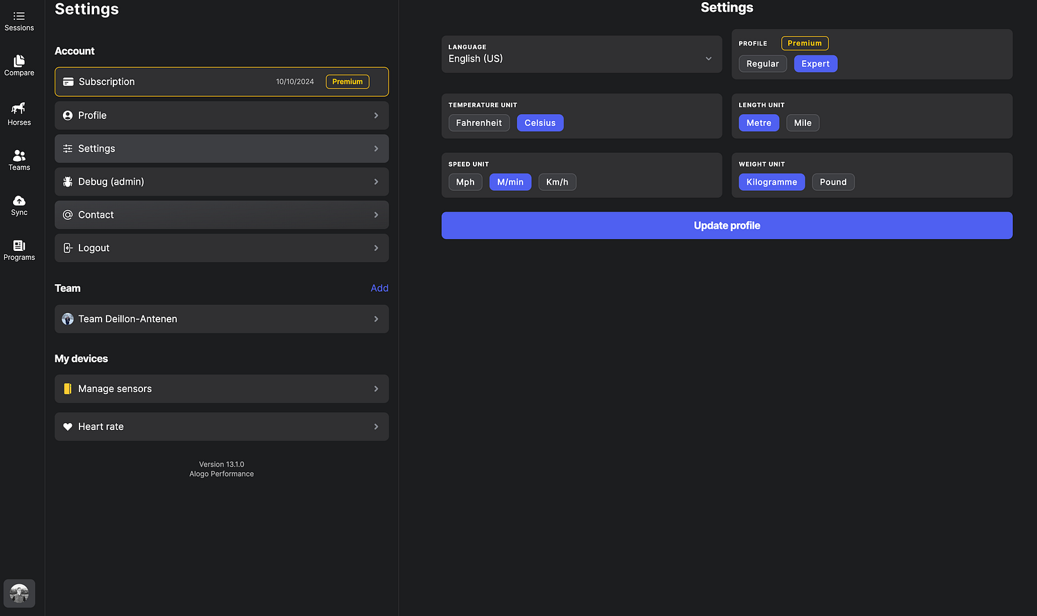 Settings screen with the profile switch set to Expert
