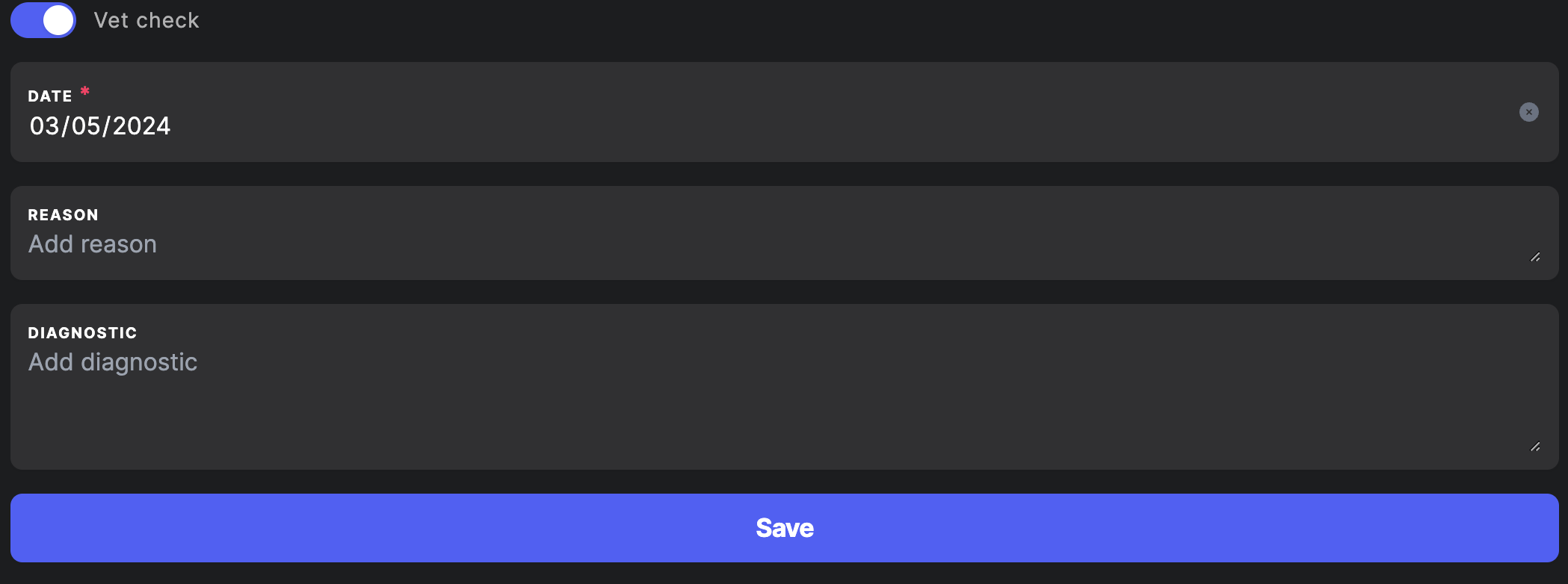 Vet check activated: the exam fields appear — date, reason and diagnosis, with the Save button
