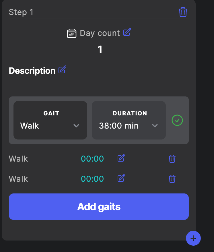 Step editor of a program: day count, description, gait and duration selectors, and the Add gaits button