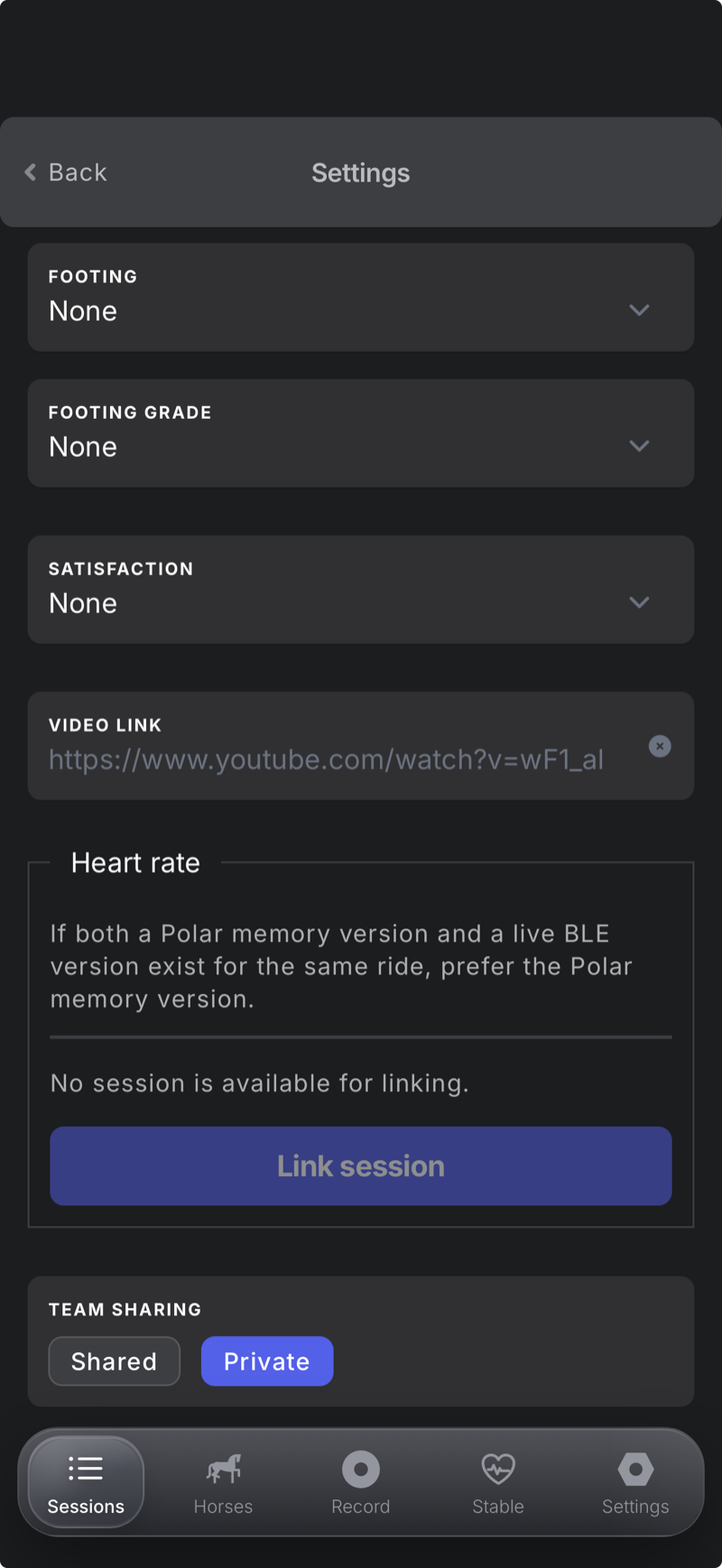 Session settings: the Heart rate block with the Link session button