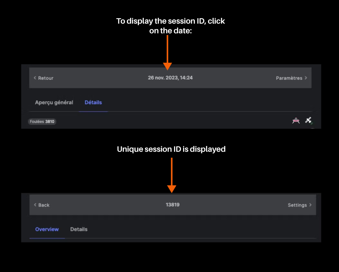 Clicking the date in the session header displays the unique session ID