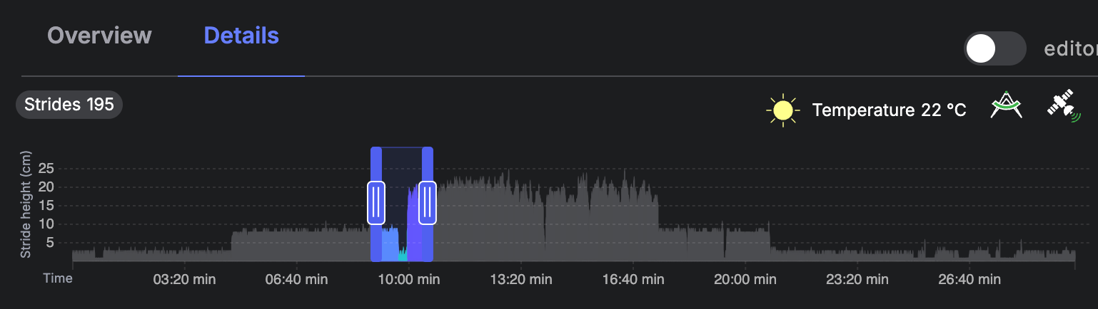 Slider handles moved to select a portion of the session