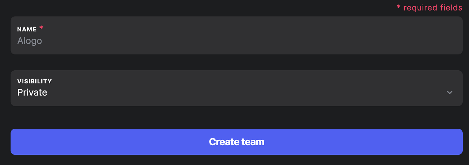 Create team dialog with name and visibility fields