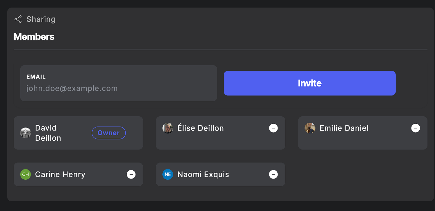 Team sharing members list with owner badge and invite field