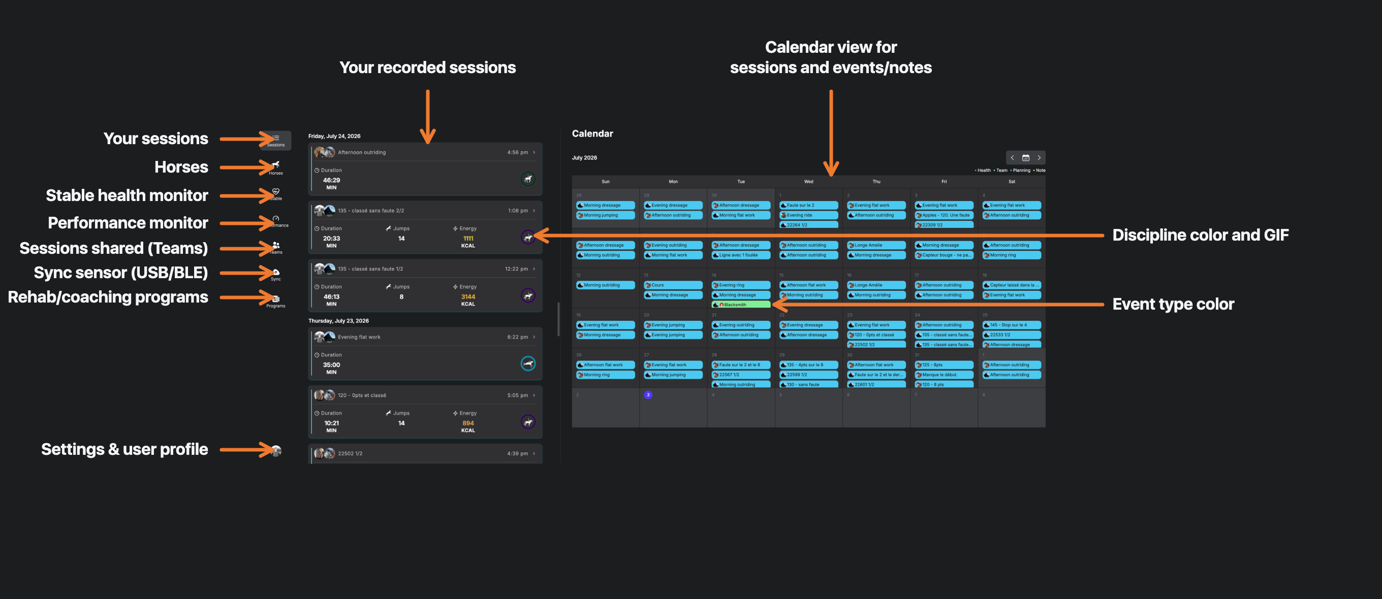 Annotated tour of the Alogo Performance WebApp: the menu with Sessions, Horses, Stable health monitor, Performance monitor, Teams, Sync and Programs; the list of recorded sessions; the calendar of sessions and events; the discipline colour and GIF on each session; and the event type colours